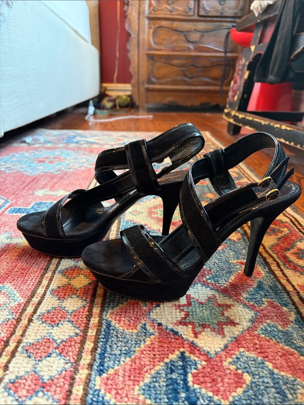 Saint Laurent Black Suede and patent leather accent Crisscross Strap Heels
